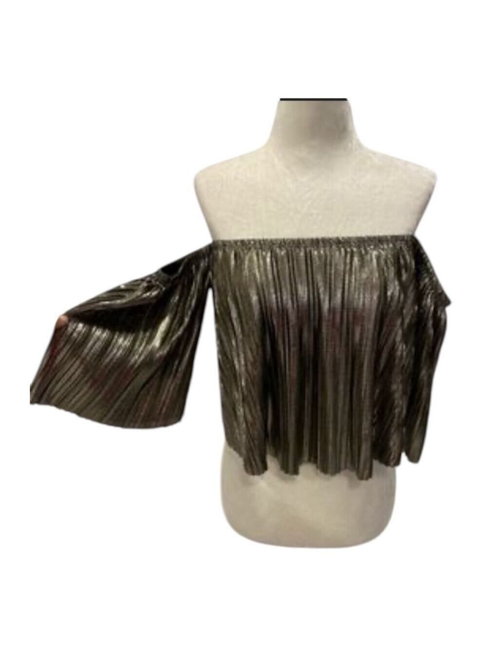 Pleated Metallic Cropped  Party Top  Cold Shoulder bronze metallic. Whimsy goth